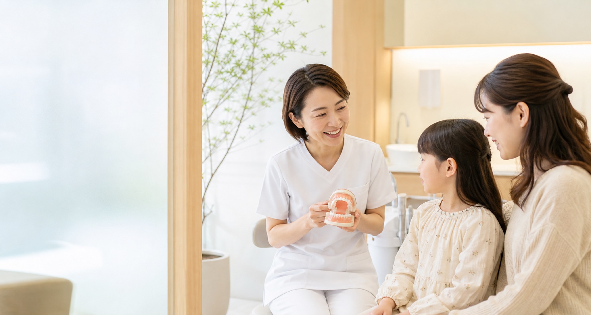 歯科医師が親子に治療内容を説明している様子