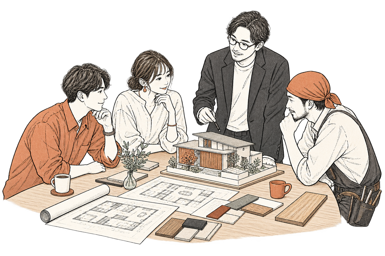 施主・設計者・職人が住宅模型を囲む架空の家づくりイラスト