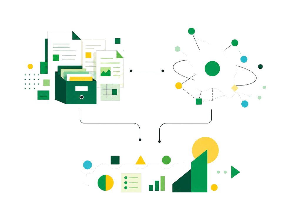 蓄積された企業情報をAIで整理し、日々の業務成果へつなげる関係図