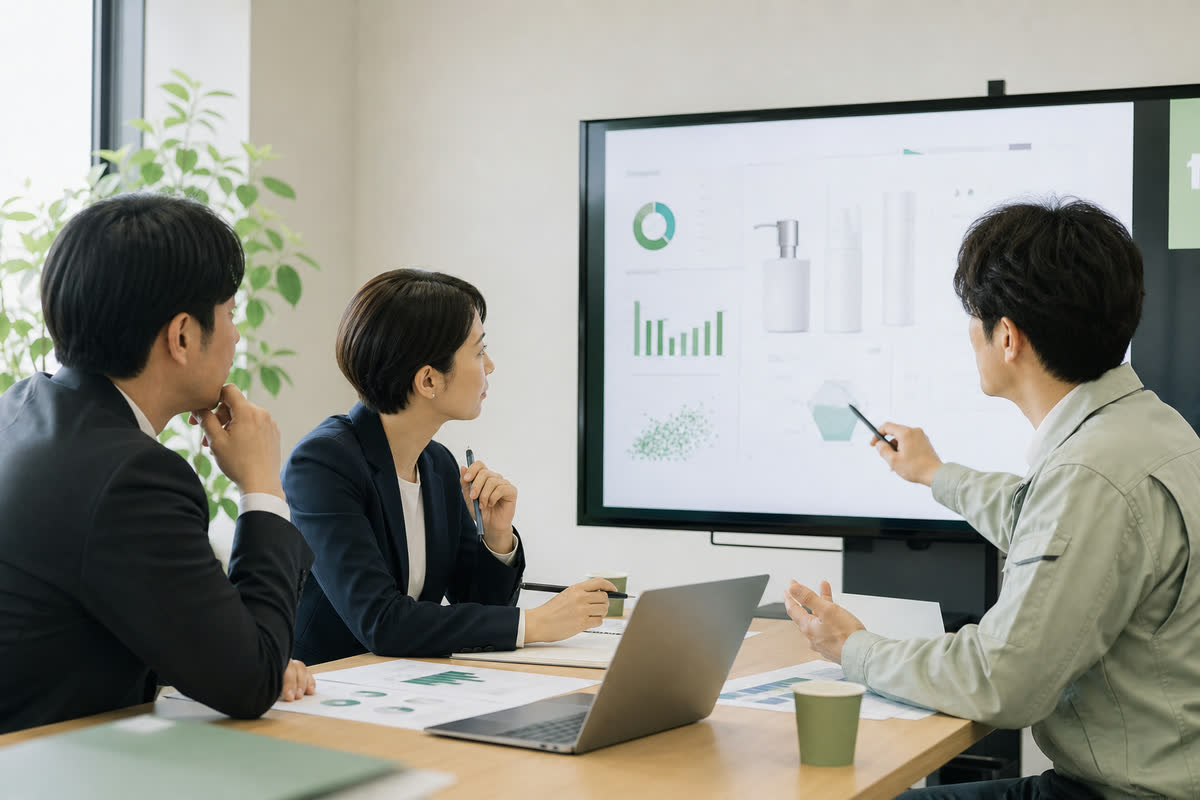 AIを使った評価結果を会議室で確認する担当者