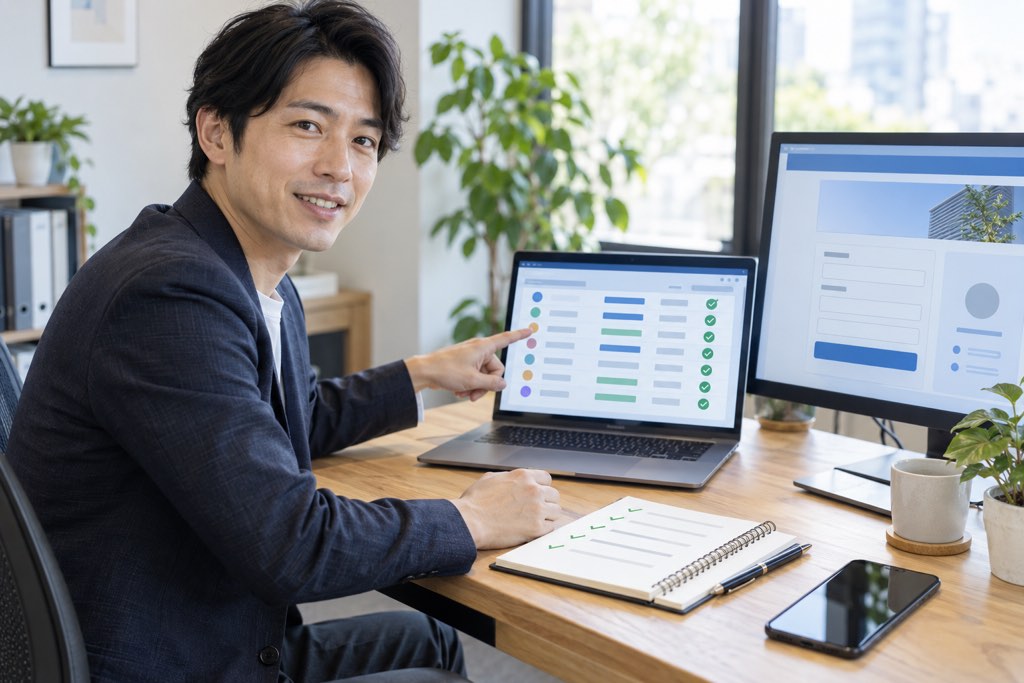 会社リストと問い合わせフォームの画面を指さす営業担当者