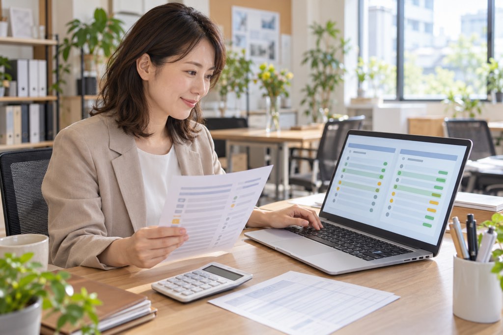 入金と申込の一覧をノートPCで見比べる経理担当者