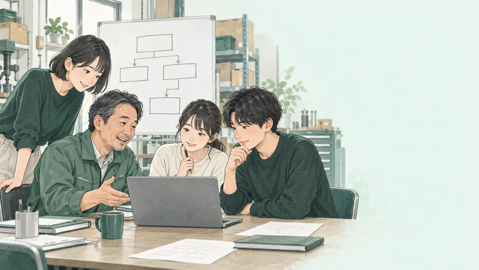 学生メンバーが企業の担当者の話を聞きながら、ノートPCで業務の自動化を一緒に考えている様子のイラスト