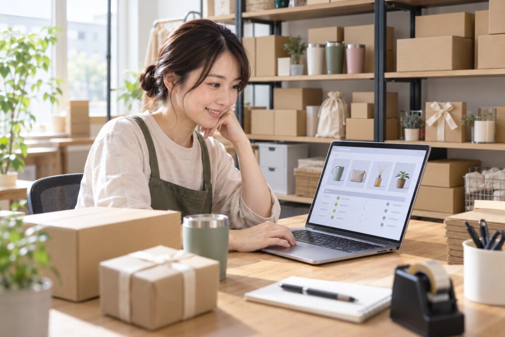 ECショップのバックオフィスで、ノートPCで商品管理画面を確認するスタッフ