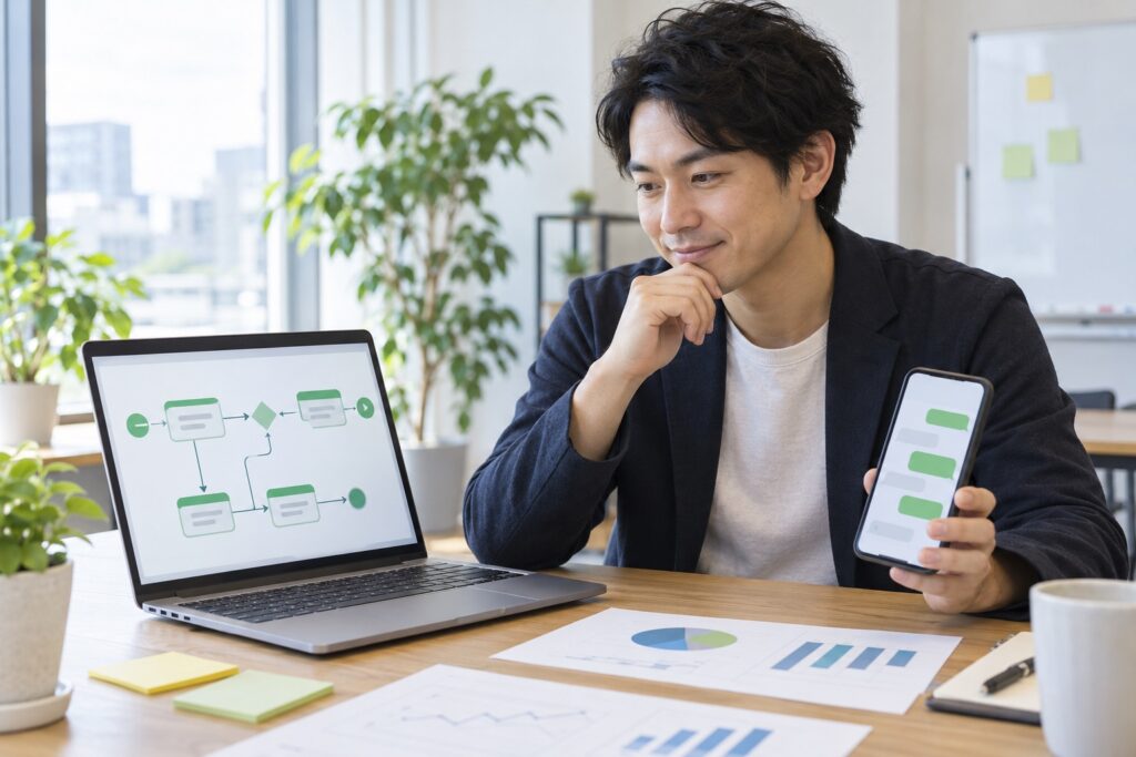 ノートPCの配信フロー図とスマートフォンのチャット画面を確認するマーケティング担当者